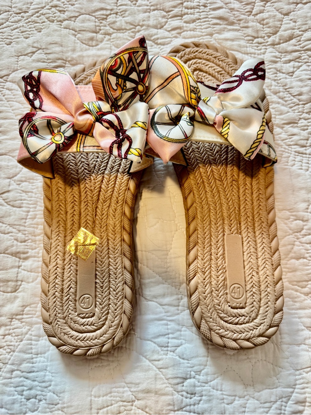 Woven Espadrille Slide with Decorative Bow - Pink & Cream